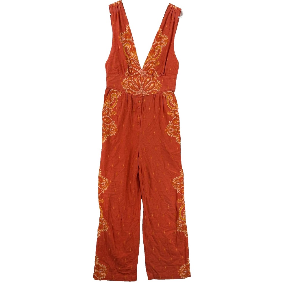 Free People Sun Paisley Jumpsuit Womens XS Orange V Neck Wide Leg Boho Pockets